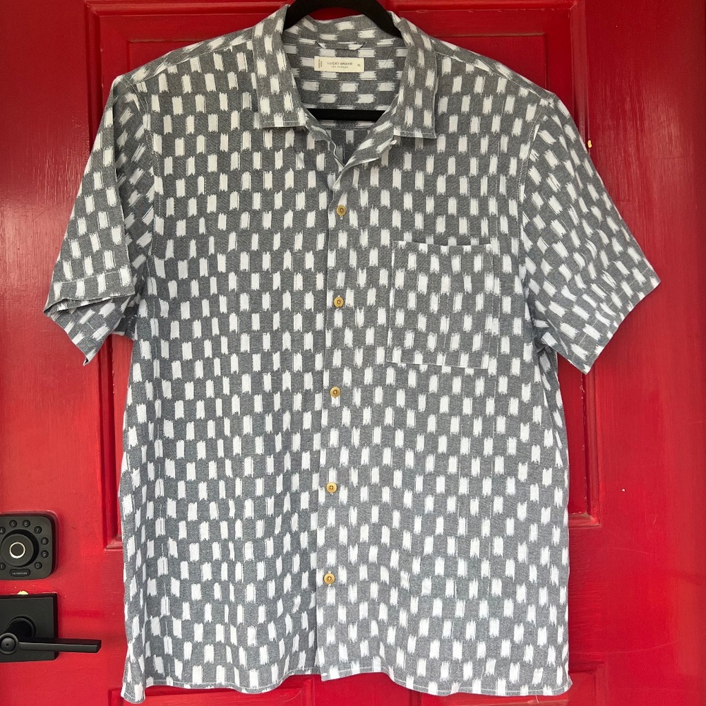 Lucky Brand Men's XL Short Sleeve Button Up Grey White Summer Breathable